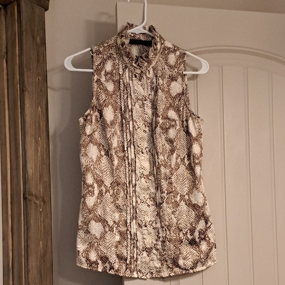 The Limited Brown and White Sleeveless Blouse with Mandarin Collar
